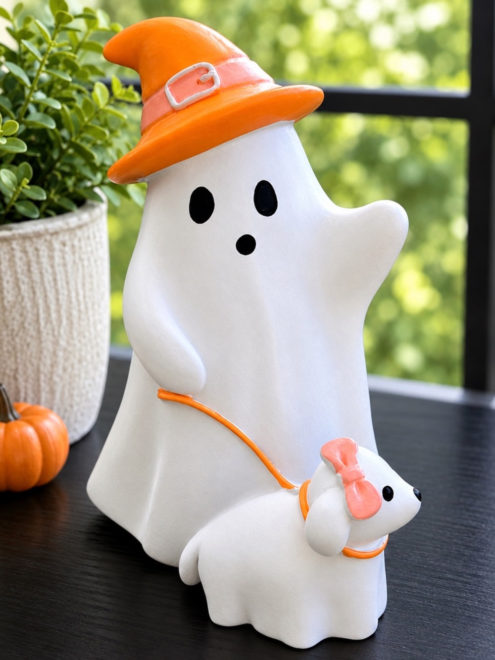 White Ghost Figurine with Orange Witch Hat and Dog Accent - Home Accents